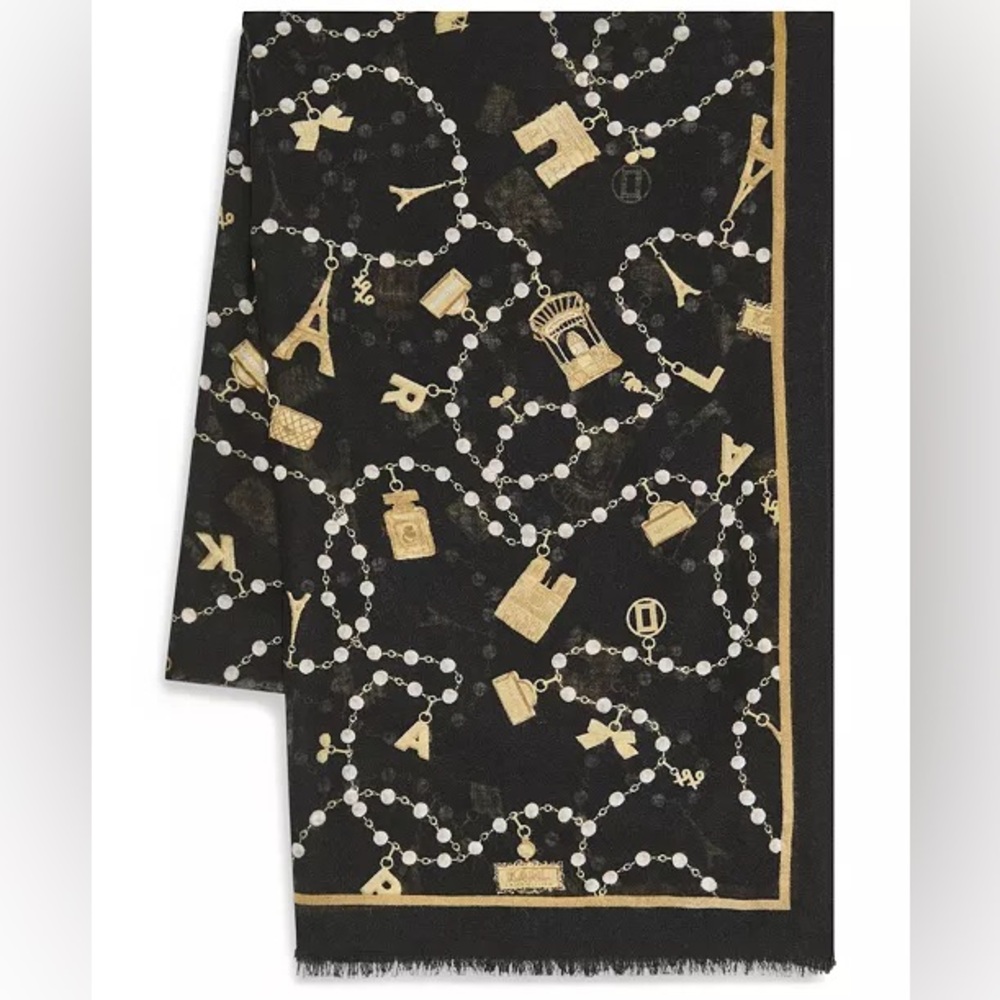 Karl Lagerfeld Pearls and Paris Charms Pattern Oversized Neck Wrap - Picture 2 of 4